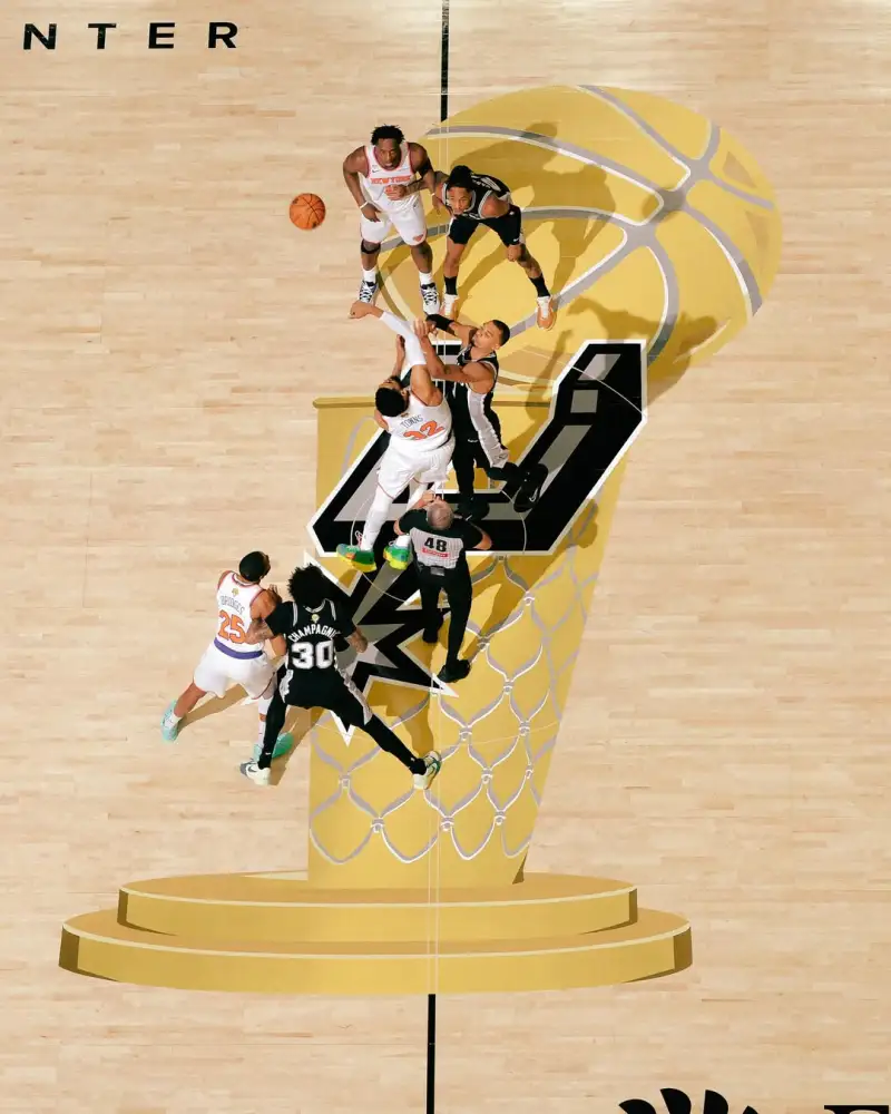 NBA官方晒本场比赛球场中央跳球鸟瞰图：总决赛正在进行中